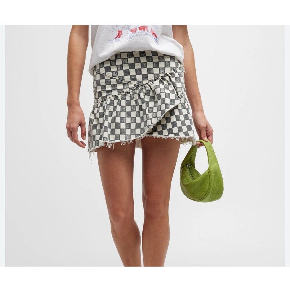 Mother The Minx Frayed Mini Skirt Black & White Checkered Sz 25